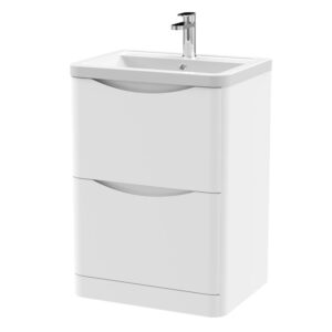 600mm Floor Standing 2 Drawer Vanity Unit & Ceramic Basin - Satin White