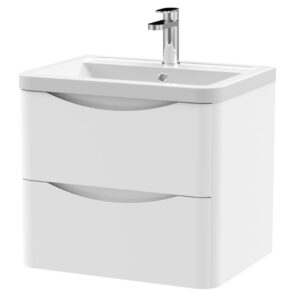 600mm Wall Hung 2 Drawer Vanity Unit & Ceramic Basin - Satin White